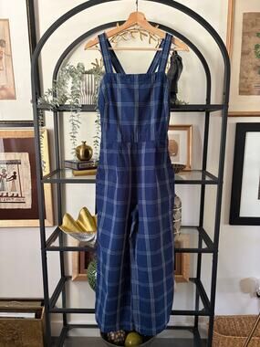 J.Crew Windowpane Plaid Cross Back Wide Leg Jumpsuit Womens 2 Navy Cotton AB904